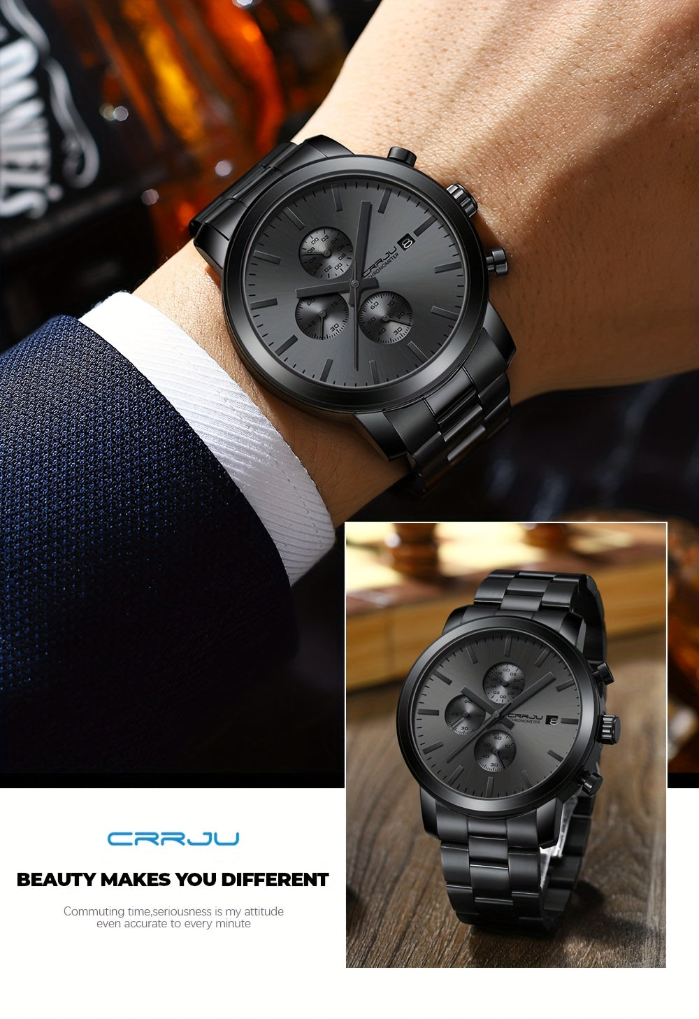 CRRJU Luxury Men's Stainless Steel Quartz Watch - Business Style, Chronograph,, Analog Display, High-end, Quartz, Suitable for Women