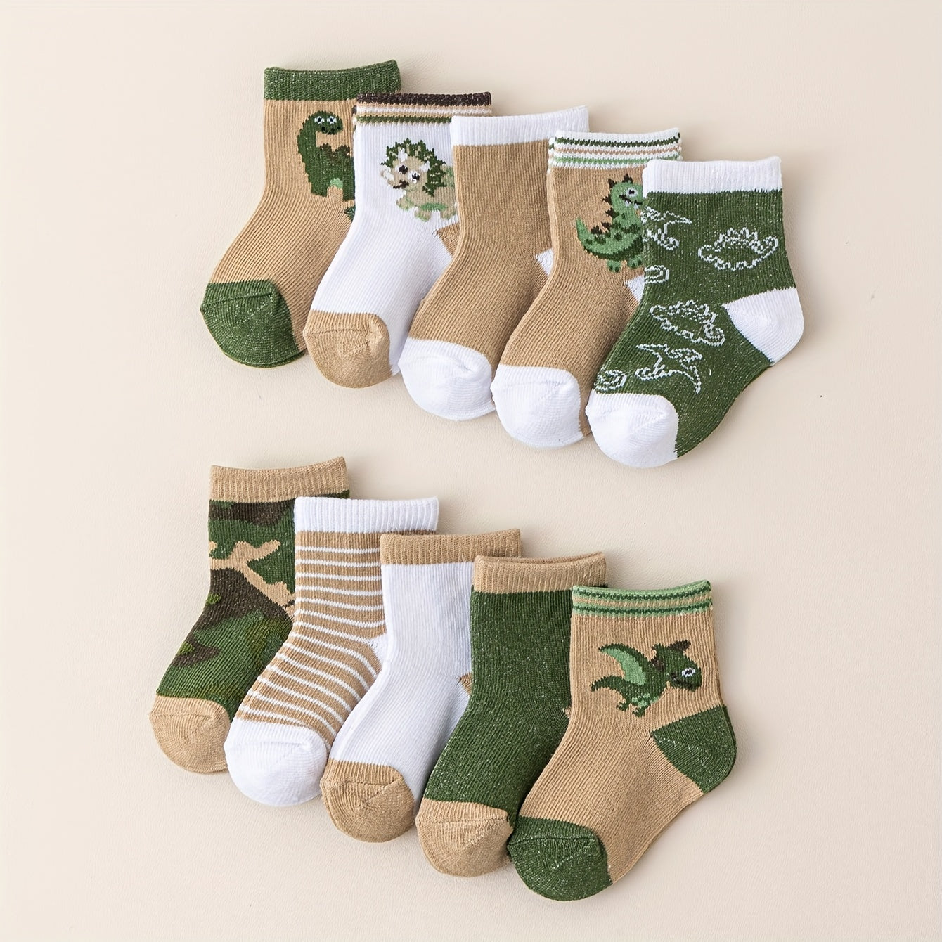 10 Pairs of Cute Baby Socks with Dinosaur Designs - Perfect for Little Boys - Machine Washable - Made of Polyester And Elastane - Suitable for Ages 0-12 - Seasonal - Socks - Knit Fabric