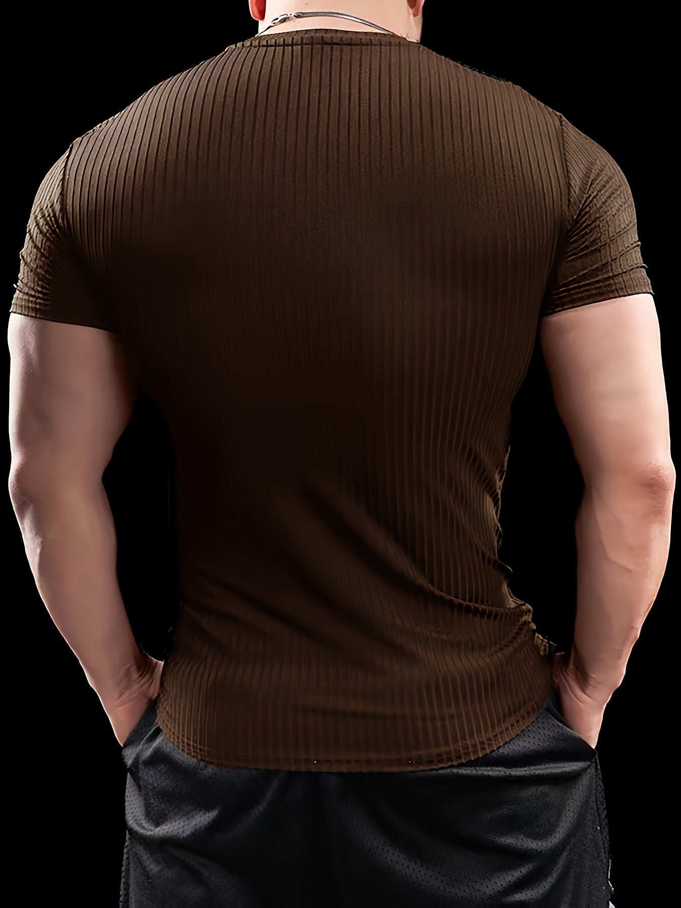 Men's Slim Fit Ribbed Short Sleeve T-Shirt - Stretchy Athletic Casual Wear, Green, Round Neck, Machine Washable, Muscle-Enhancing Design, Gym Shirts