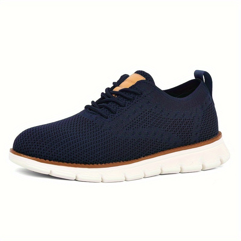 Men's Breathable Knit Business Casual Shoes - Beige with Brown Accents, Lace-Up, EVA Sole, Round Toe, Versatile for All Seasons, Dressy Shoes