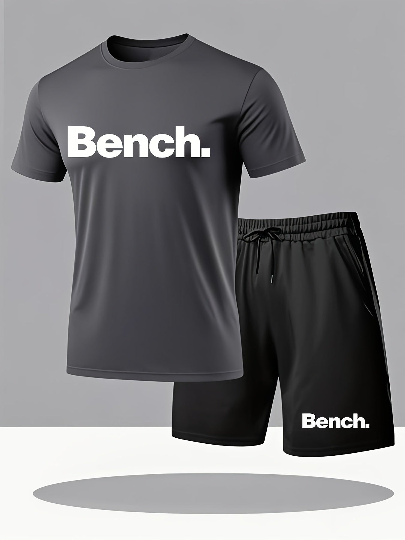 Summer Men'S Casual Sports Short Sleeve T-Shirt and Shorts Set, Knitted Polyester Fabric, Comfortable Breathable, Bench. Letter Print Design - 2pcs