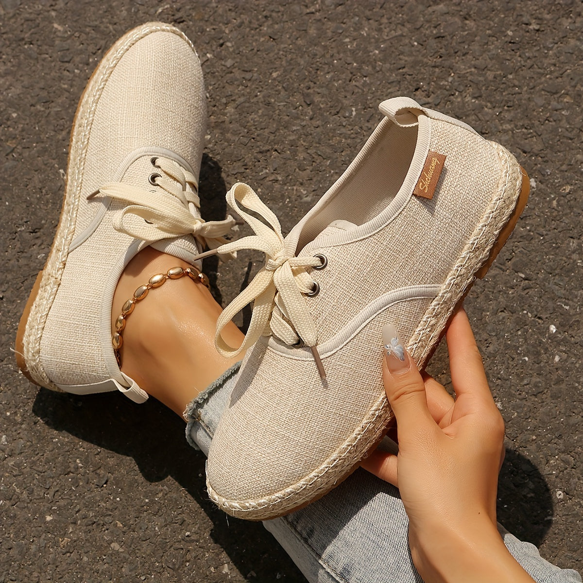 Women's Casual Solid Color Lace-Up Flats with Plain Toe, Lightweight Fabric Upper and Lining, TPR Sole, Versatile All-Season Comfort Shoes - Taizhou Origin