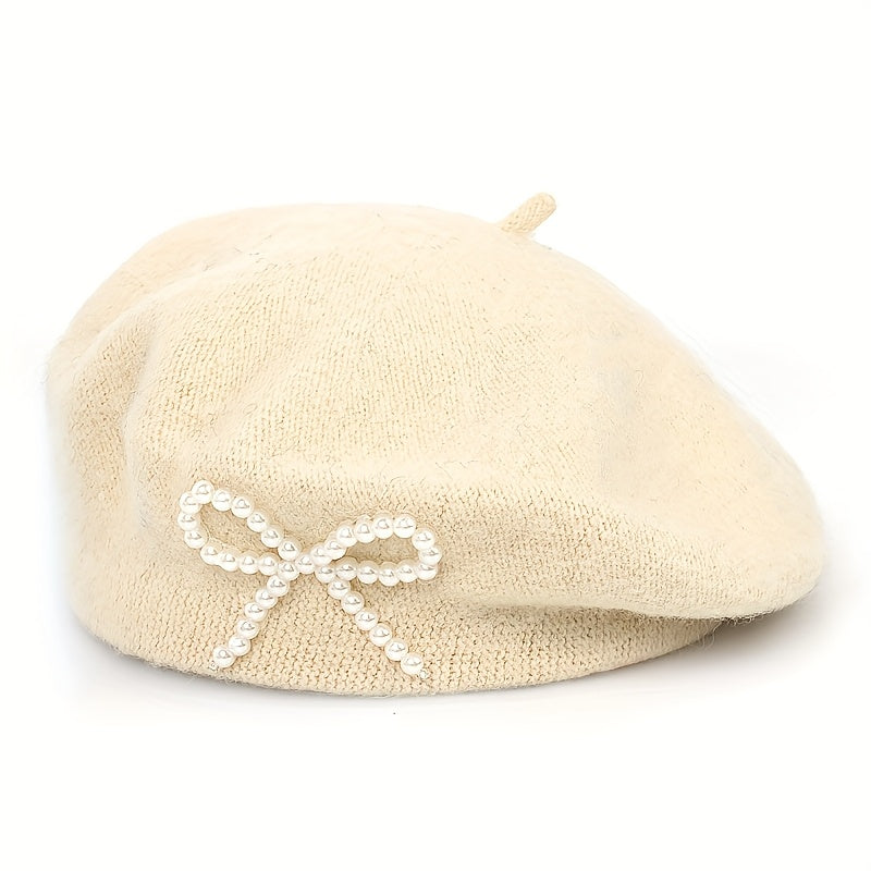 1pc Women's Wool Beret with Pearl Bow - Elegant, Breathable, and Stylish in Multiple Colors (Black, Brown, Gray, Beige, Purple, Pink) for Casual Attire