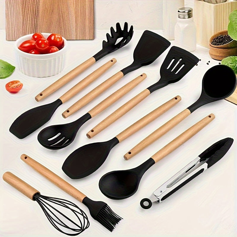 12pcs, wooden handle silicone kitchenware 12 sets, high temperature silicone spatula, spoon, cream spatula, slotted spoon, spaghetti grab, thick spoon, non-stick cooking spoon set, kitchen cooking tools, silicone kitchen uten