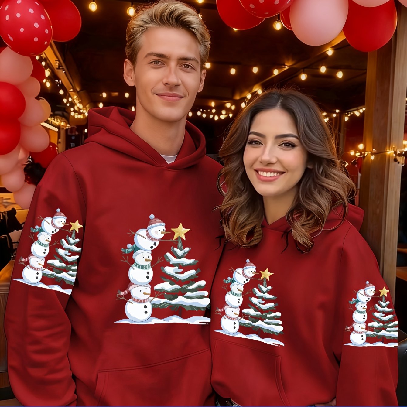1pc Couple Matching Snowman Christmas Tree Print Oversized Hooded Sweatshirt, New Arrival Valentine'S Day Outfit, Casual Elegant Stretchy Fiber Fabric, Fleece Lined Soft Warm Long Sleeve Top For Sports, Travel & All-season We