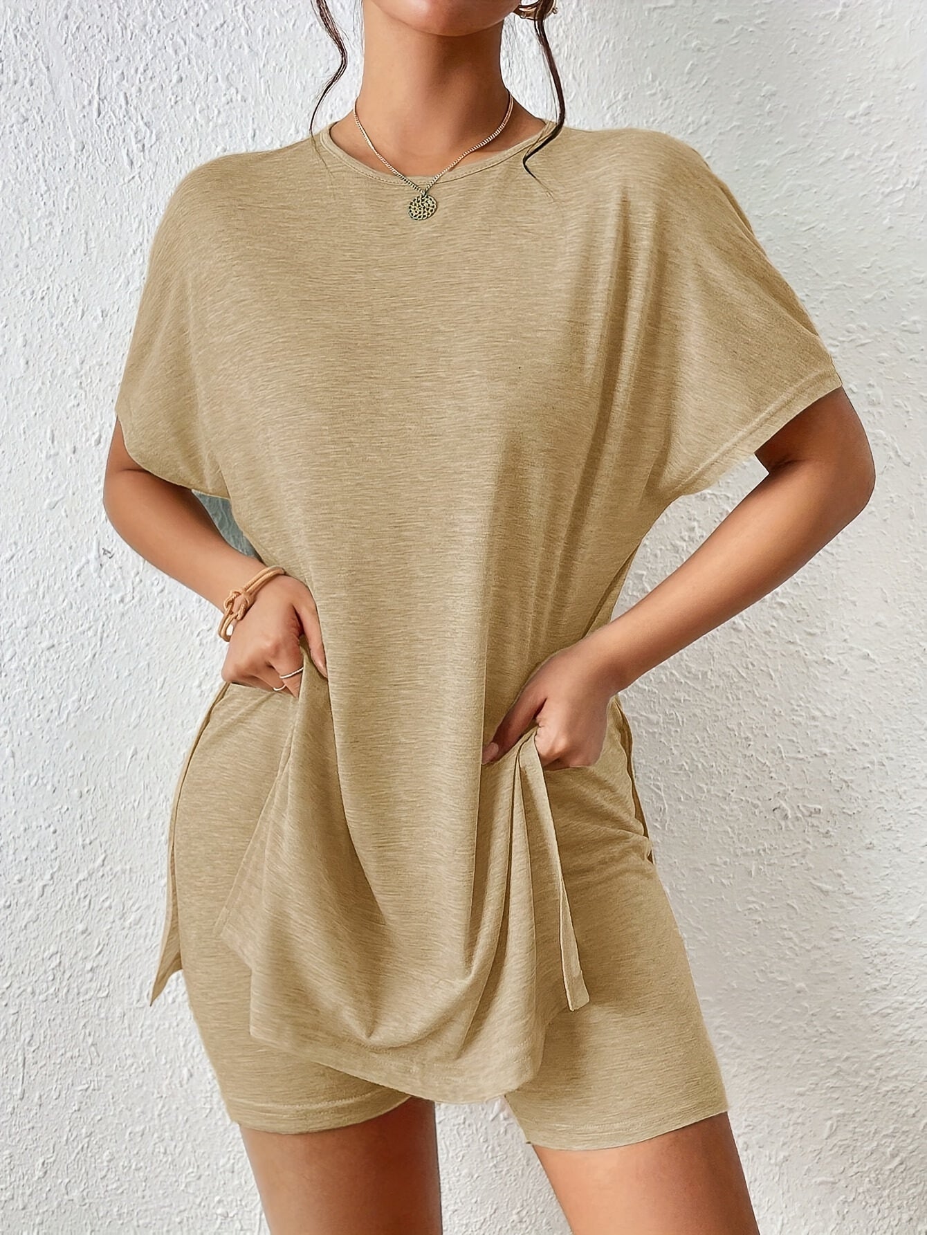 Casual Solid Color Comfortable Two-Piece Set, Bat Sleeve Round Neck Slit T-Shirt and Tight Shorts, Women's Clothing