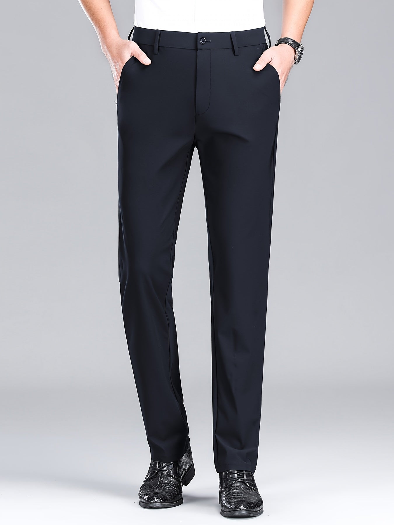 Men'S Navy Blue Straight Leg Dress Pants - Casual Style, Polyester Fabric with Slight Stretch, Mid Waist, Button Closure, No Belt, Regular Fit, Outdoor & Office Wear, Office Attire|Straight Leg Pants|Polyester Fabric