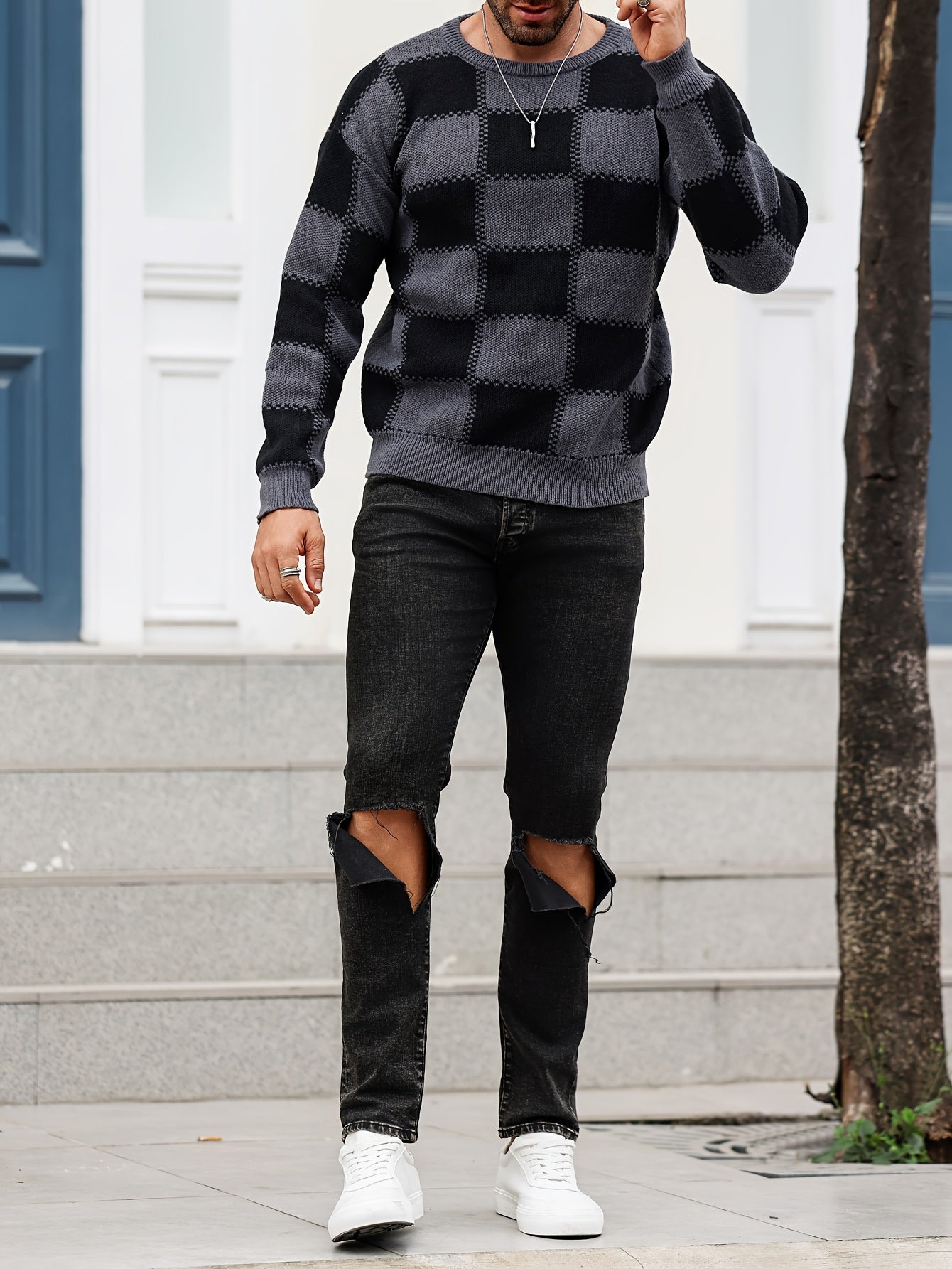 Men's Color Blocking Textured Checked Print Casual Trendy Sweater, Long Sleeve Pullover As Gift For Fall And Winter
