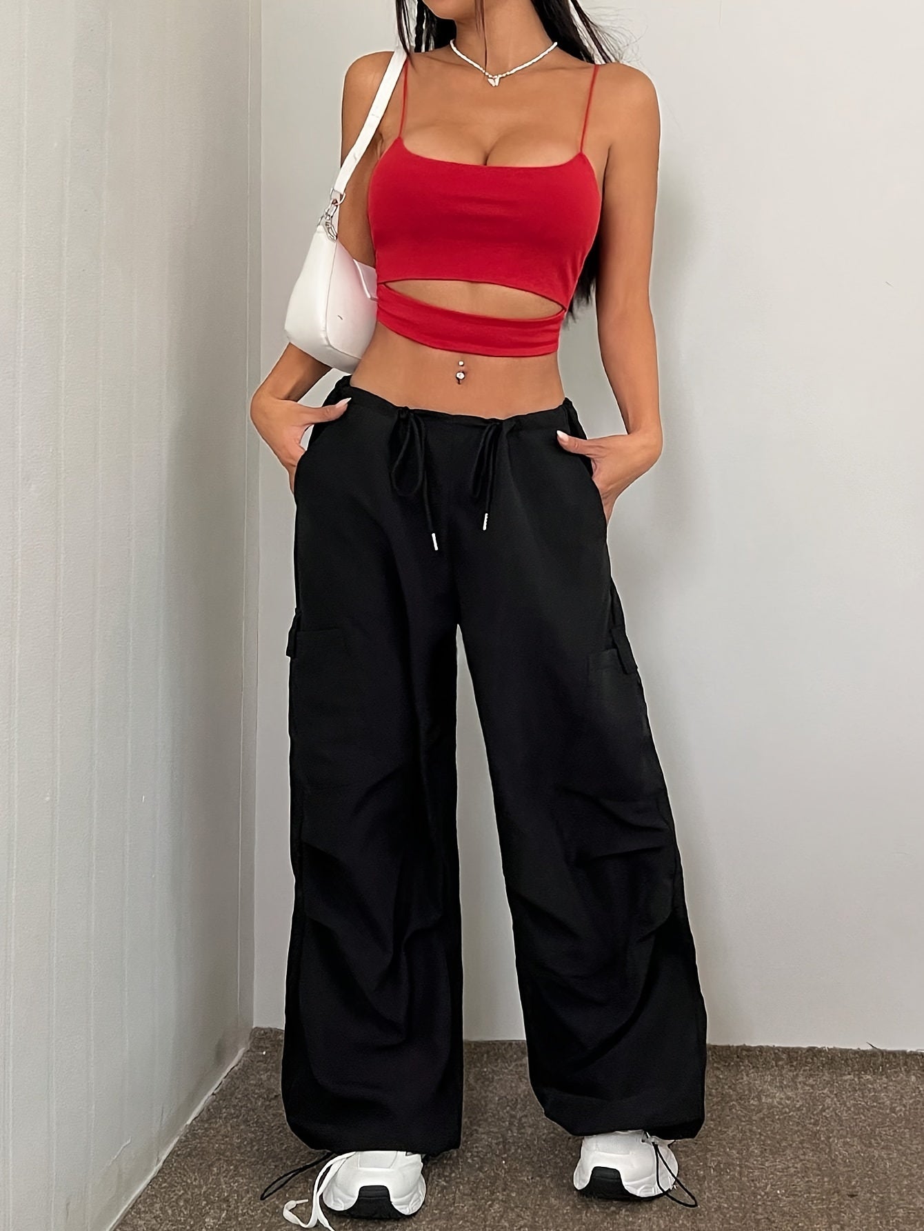 Knit Charm, Sexy Solid Color Cut-Out Crop Top - Stretchy Polyester & Elastane Blend, Machine Washable, Sleeveless with Spaghetti Straps for Women