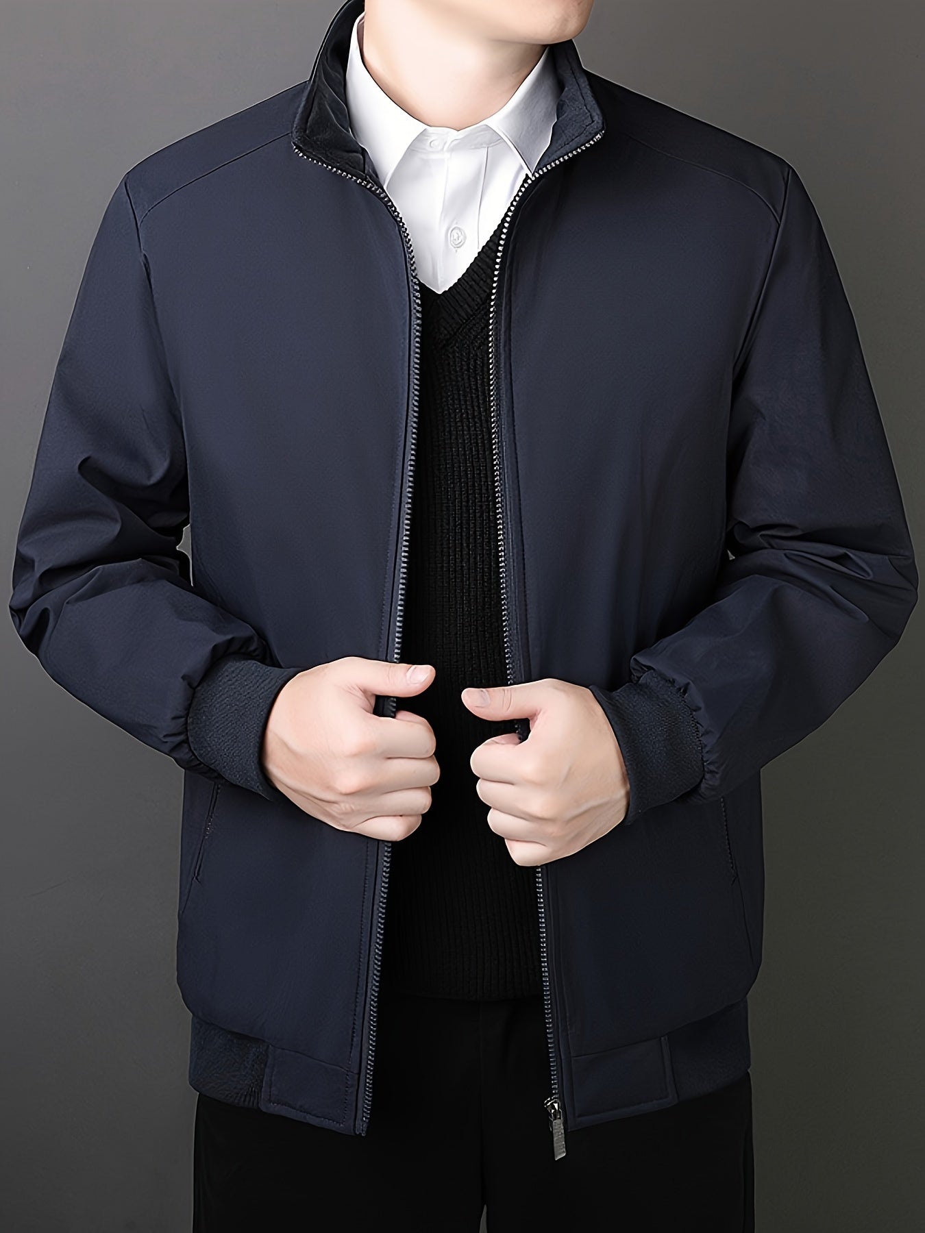 Men's Fleece-Lined Zip-Up Jacket - Casual Stand Collar, Outdoor Sports Coat with Pockets, Machine Washable