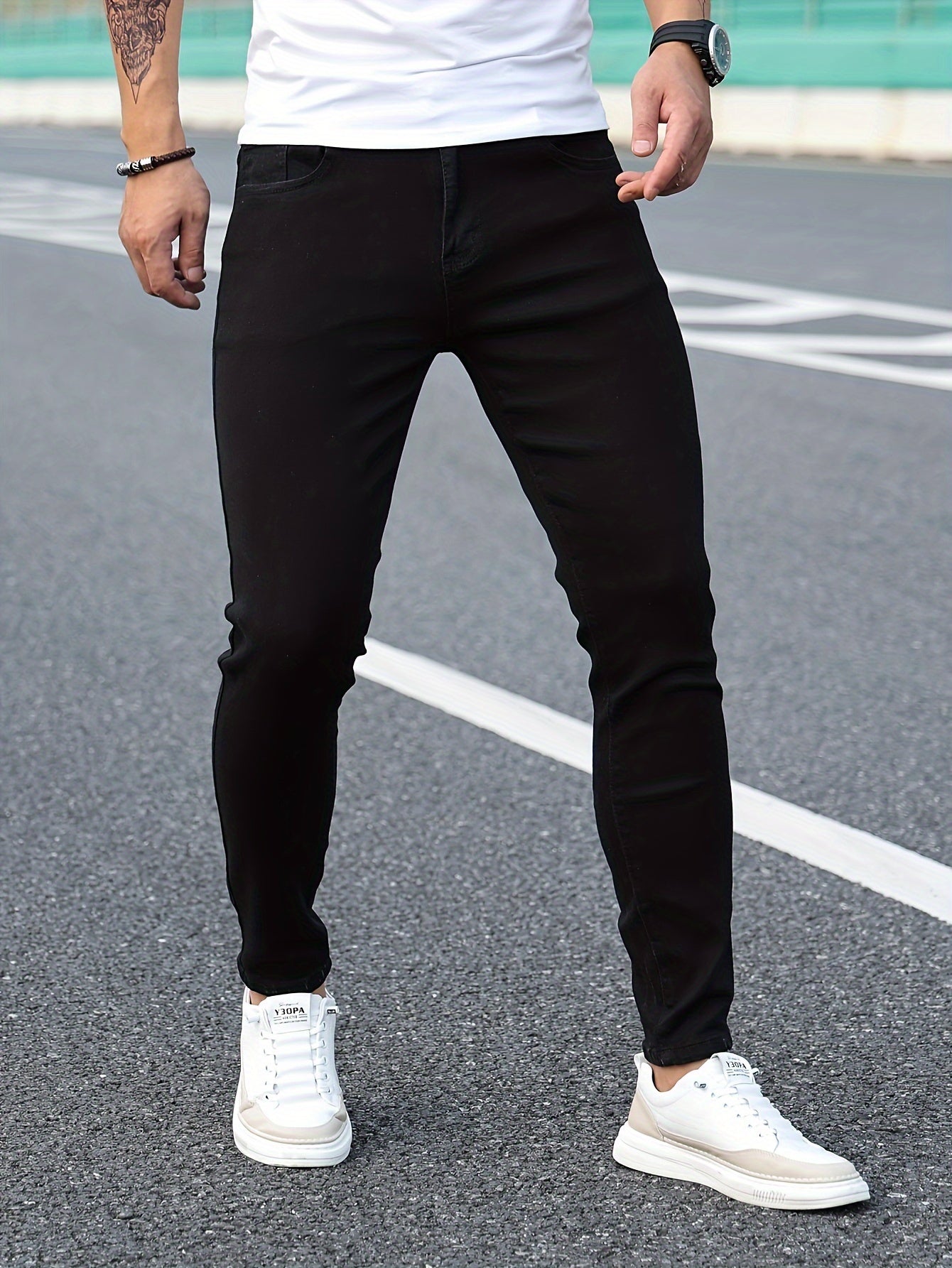 Slim Fit Chic Jeans, Men's Casual Street Style All Match Stretch Denim Pants With Pockets