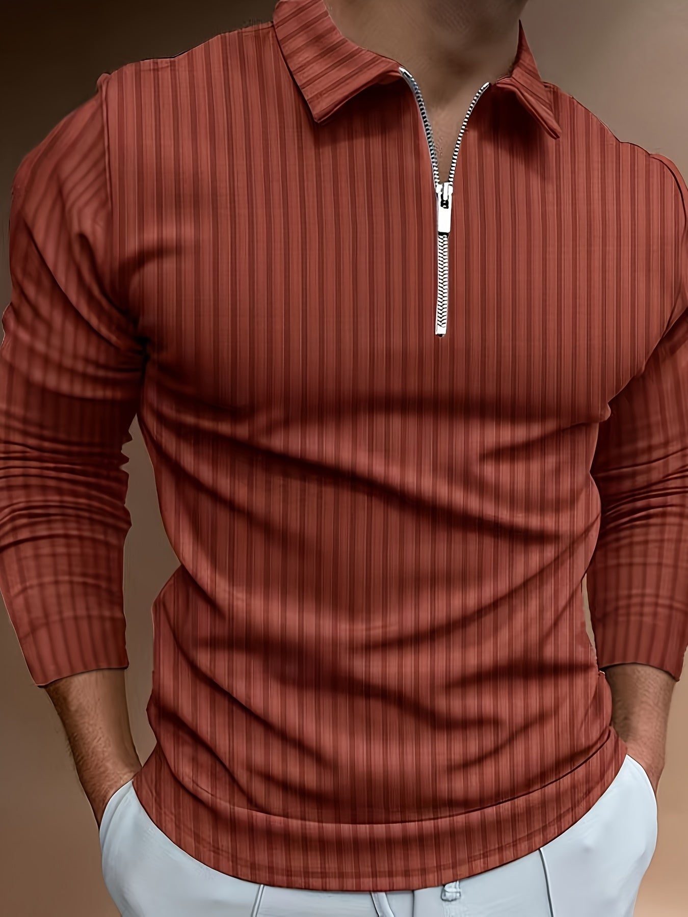 Men's Casual Sports Ribbed Long Sleeve Zipper Lapel Golf Shirt, Spring And Fall