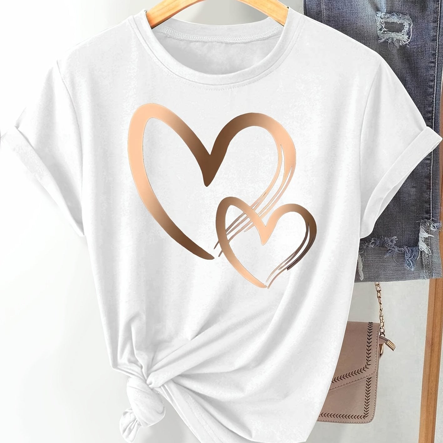 Chic Love Series Gradient Double Heart Graphic Tee for Women - Casual Retro Style, Round Neck Short Sleeve, Breathable Polyester, Machine Washable, in Black with Golden & White Hearts, Sizes S-XXL