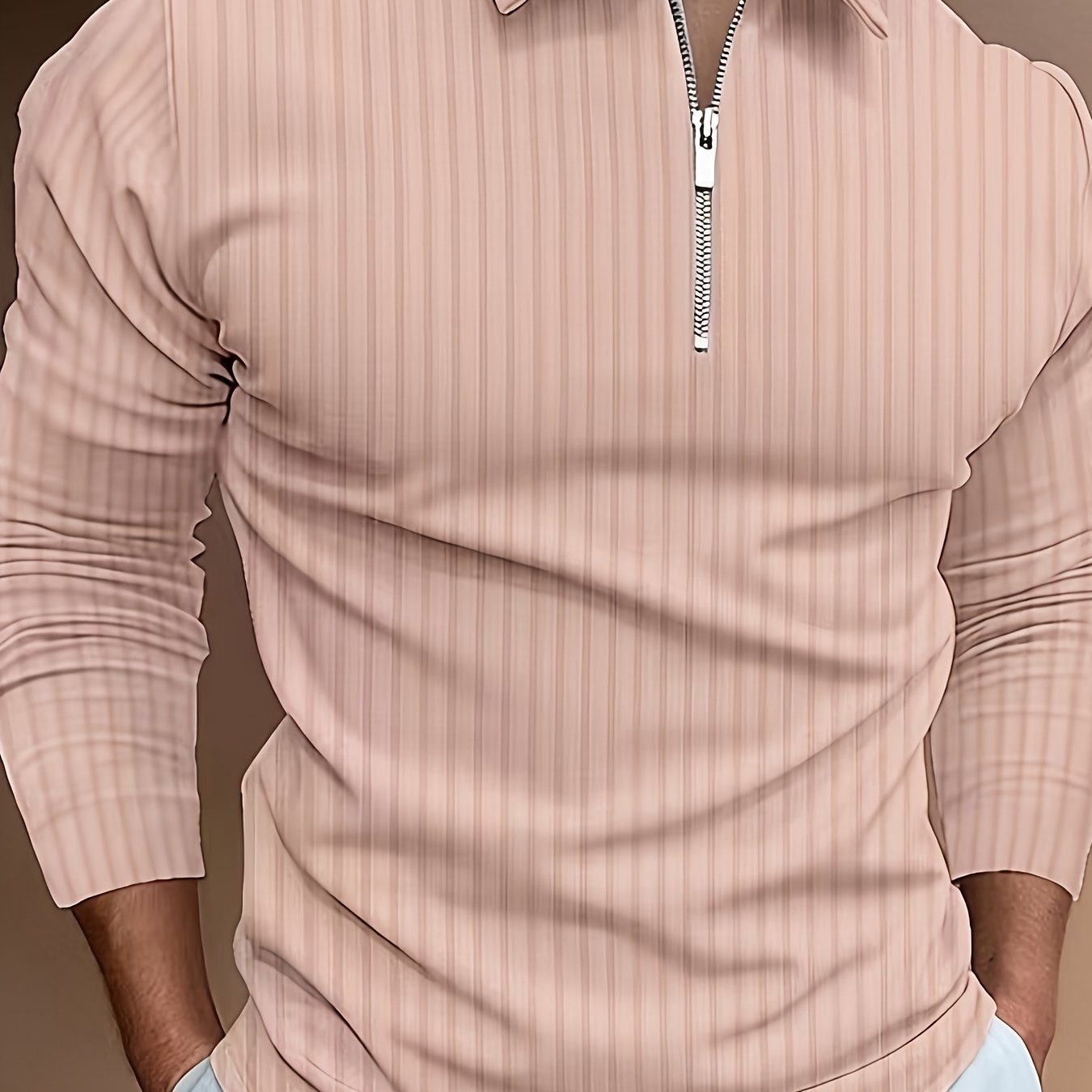 Men's Casual Sports Ribbed Long Sleeve Zipper Lapel Golf Shirt, Spring And Fall