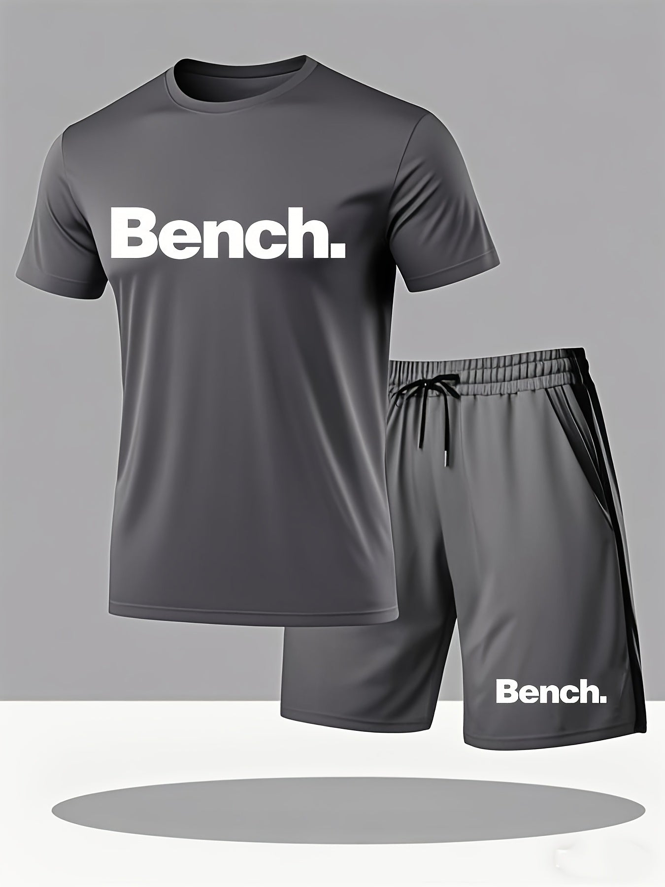Summer Men'S Casual Sports Short Sleeve T-Shirt and Shorts Set, Knitted Polyester Fabric, Comfortable Breathable, Bench. Letter Print Design - 2pcs