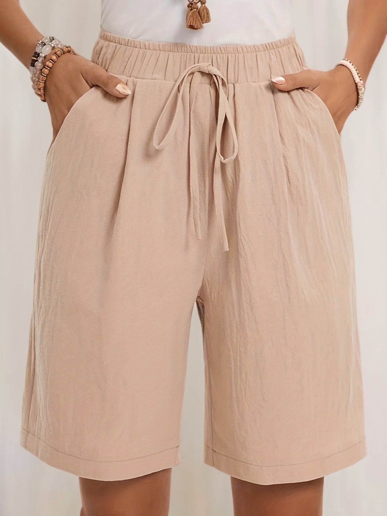 Lace Up Slant Pocket Elastic Waist Shorts, Casual Loose Shorts For Spring & Summer, Women's Clothing