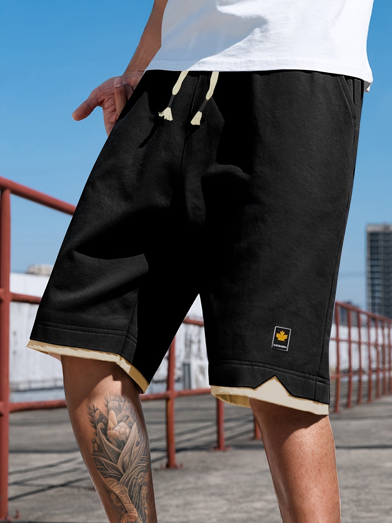 Men's Solid Shorts With Pockets, Casual Elastic Waist Fake Two-piece Drawstring Shorts For Summer