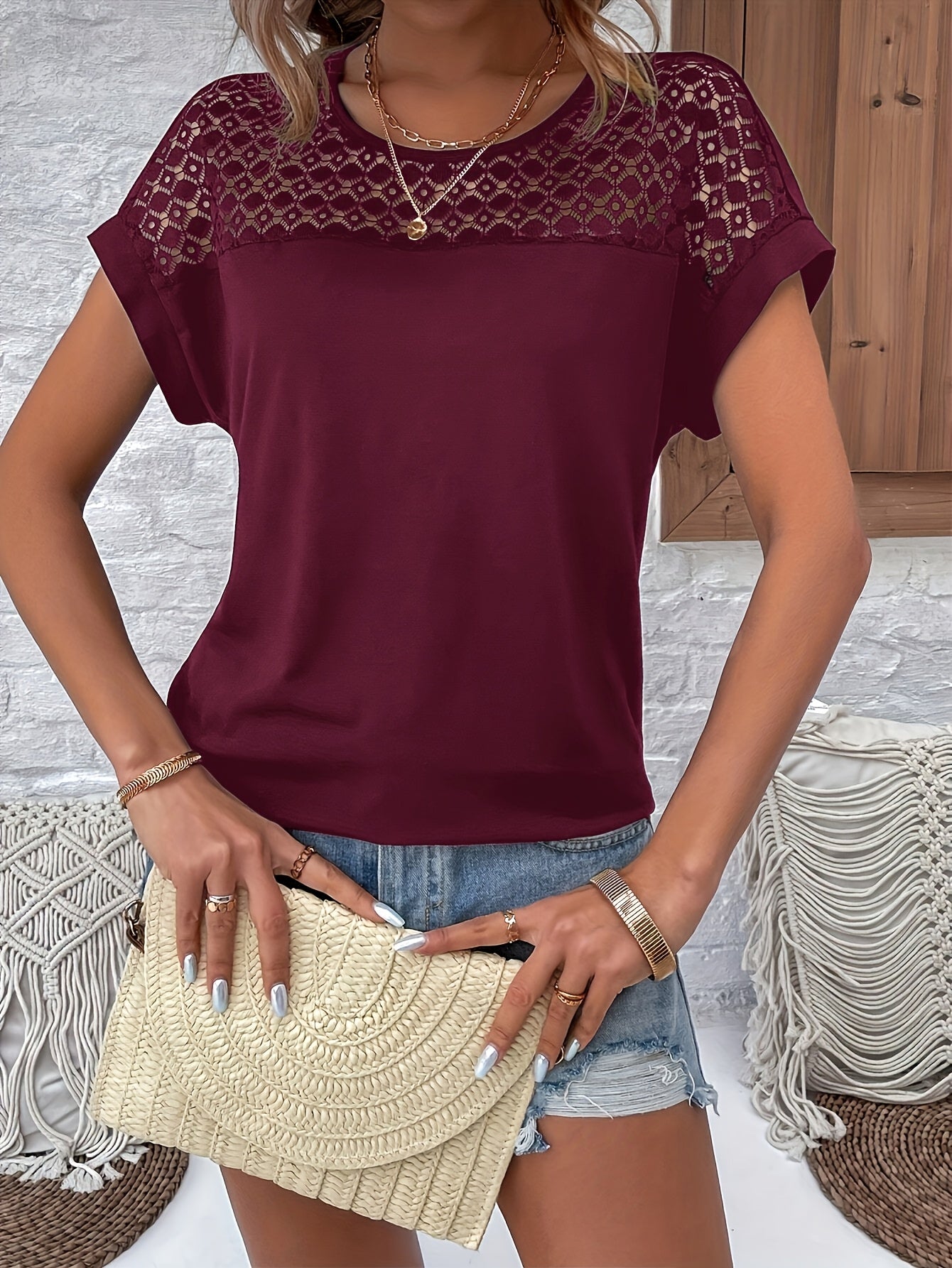Vacation Style Lace Batwing Short-Sleeve T-Shirt