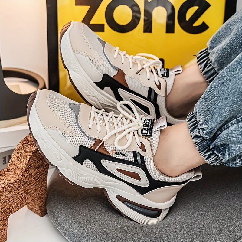 Men's Fashion Sneakers - White/Black/Brown PU Upper, Breathable Fabric Lining Cushioned EVA Insole, Durable PVC Sole, Lace-Up Mid-Top Design for All-Season Casual Daily Wear, High Top Sneakers, Versatile Footwear, Modern