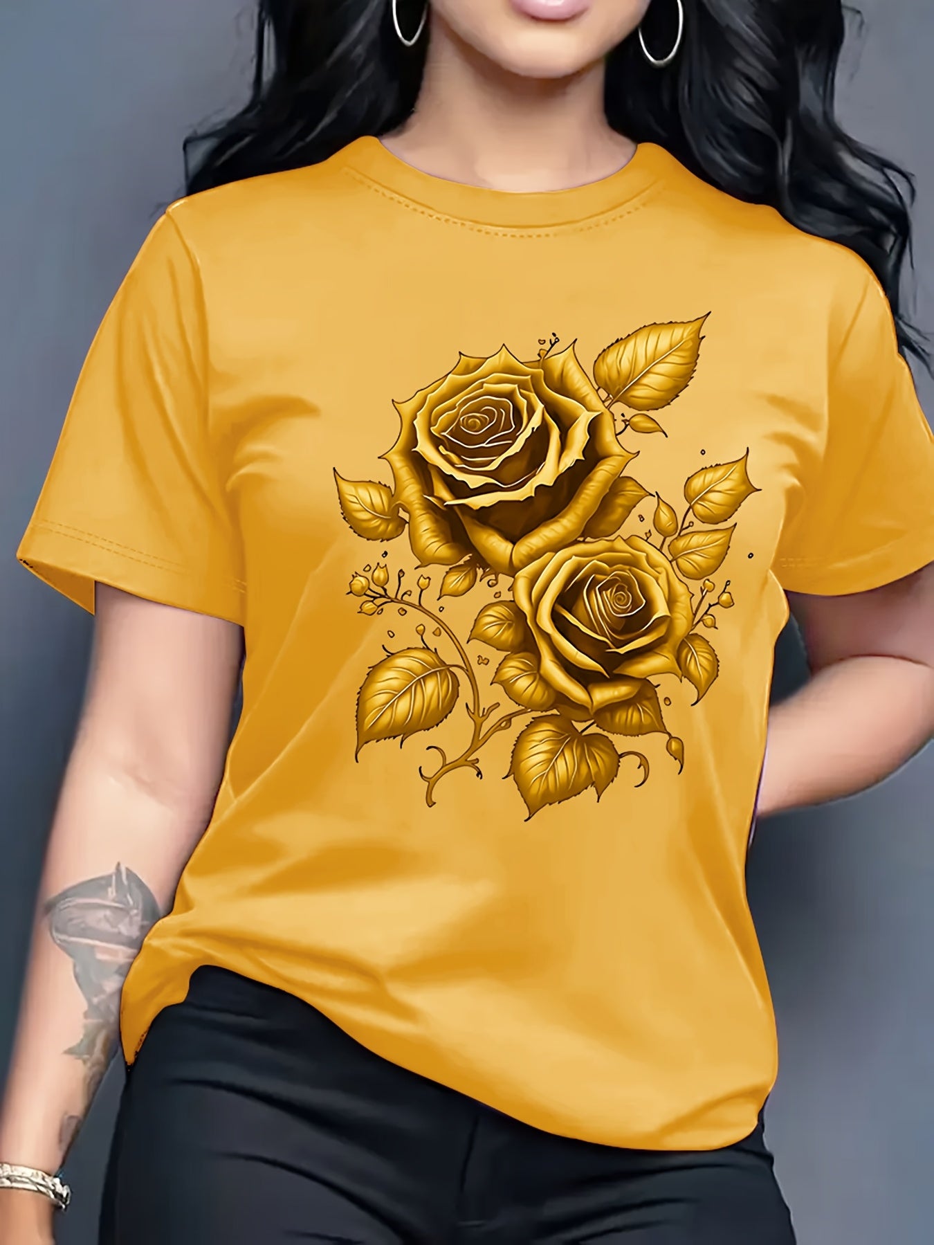 Women's Light Blue Yellow Rose Print T-Shirt - Short Sleeve Crew Neck Casual Top with Medium Stretch, Machine Washable & Breathable Fabric for All-Season Comfort, Relaxed Style, Graphic Tee, Stretchy Material, Printed Shirt,