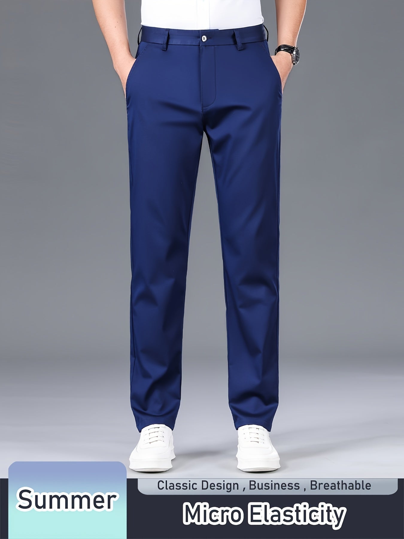 Men's Solid Pants With Pockets, Light Business Style Regular Fit Trousers For Outdoor Activities, Daily Wear For Spring And Autumn