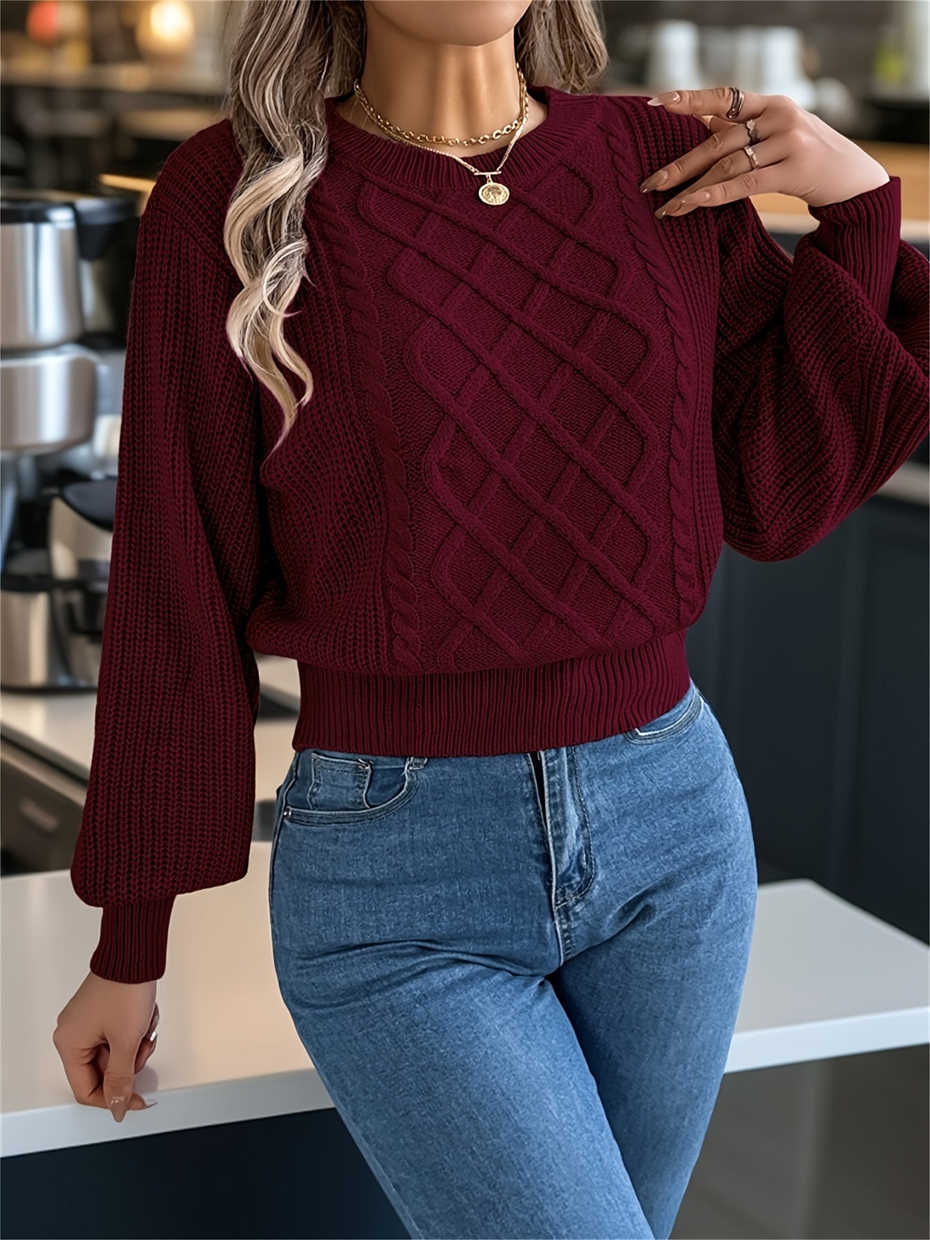 Elegant Cable Knit Sweater for Women - Casual Long Sleeve, Round Neck Pullover in Solid Color, Perfect for Fall/Winter