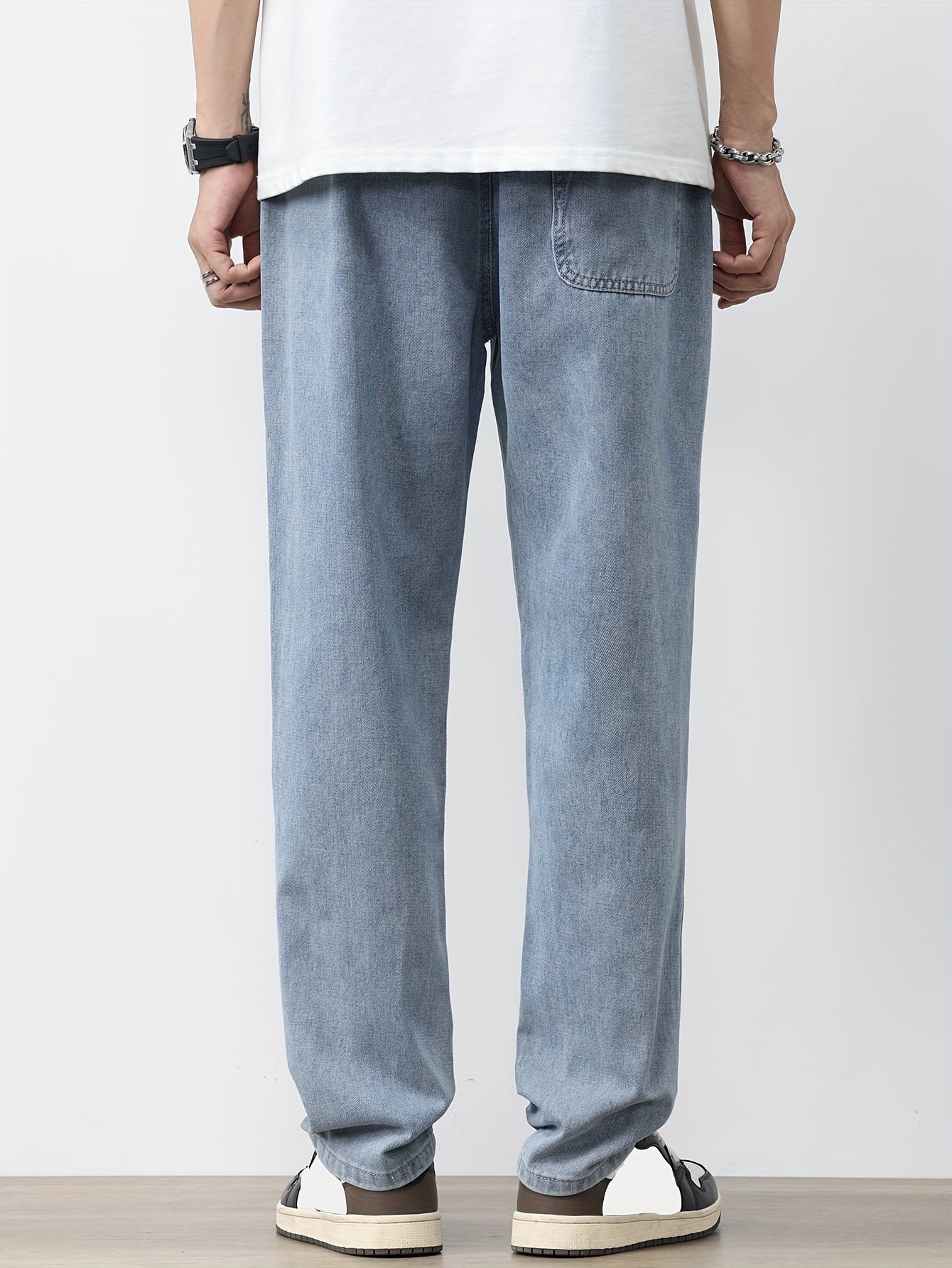 Men's Solid Washed Denim Trousers With Pockets, Causal Drawstring Cotton Blend Barrel Jeans For Outdoor Activities