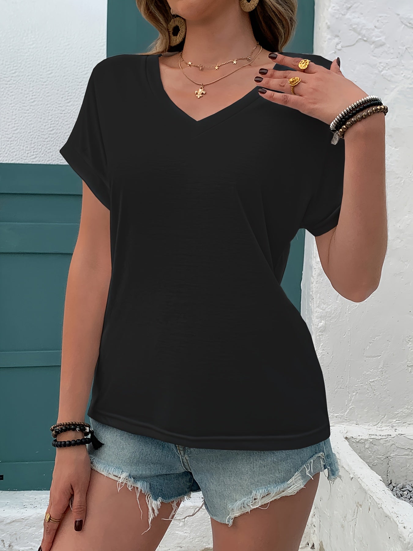 Women's Soft Pink V-Neck T-Shirt - Minimalist Everyday & Formal Tops - Machine Washable Everyday Casual Blouse - Women's Clothing Essentials