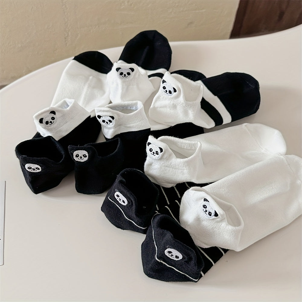 Women's Cotton Ankle-Length Socks 5-Pair Set with Panda Embroidery, Breathable Moisture-Wicking Knit, Anti-Odor, Seamless Toe, Stretch Spandex Blend - Size 200 Needle Count