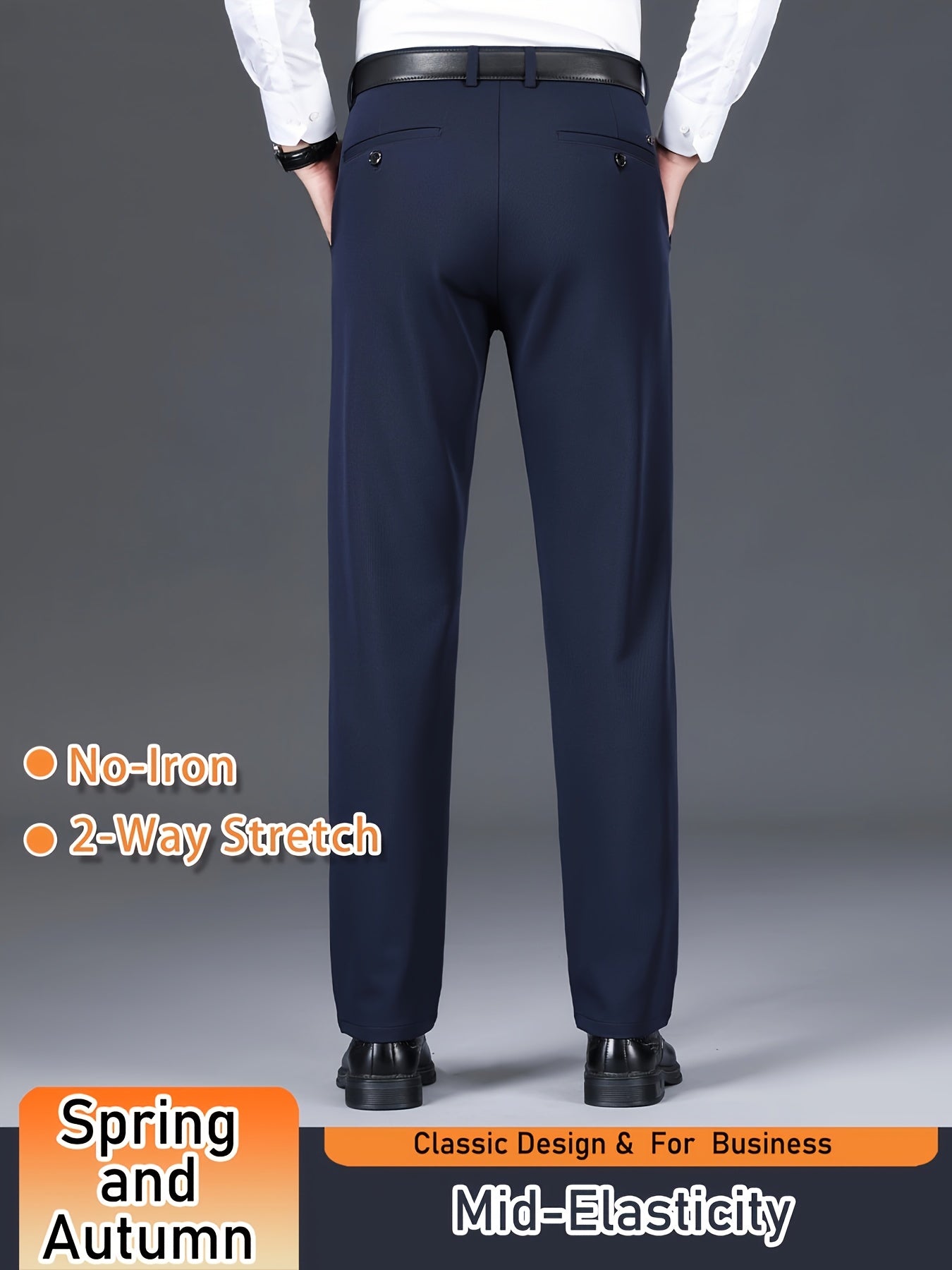 Men's Solid Color Dress Pants, Classic Design Slightly Stretch Formal Dress Pants For Business Occasions, Spring And Fall