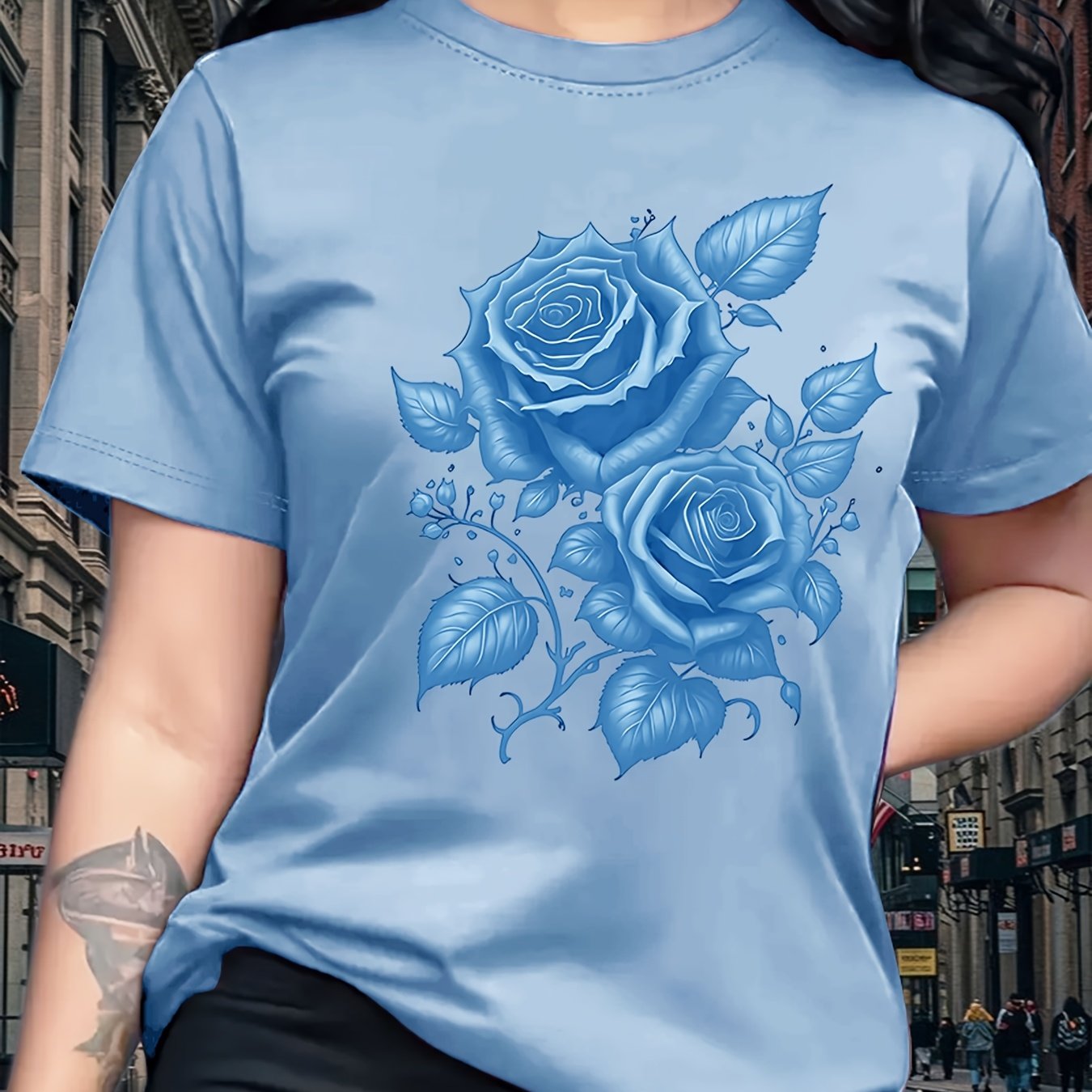 Women's Light Blue Yellow Rose Print T-Shirt - Short Sleeve Crew Neck Casual Top with Medium Stretch, Machine Washable & Breathable Fabric for All-Season Comfort, Relaxed Style, Graphic Tee, Stretchy Material, Printed Shirt,