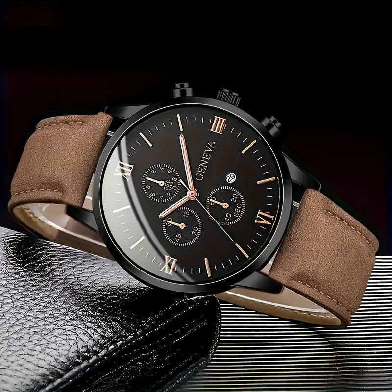 1pc Geneva Vintage Men'S Quartz Watch, Round Alloy Case, Analog Display, with Date Feature, PU Leather Strap, Battery Powered (Button Battery), for Valentine's, Easter, Ramadan, Birthday, Christmas Gifts