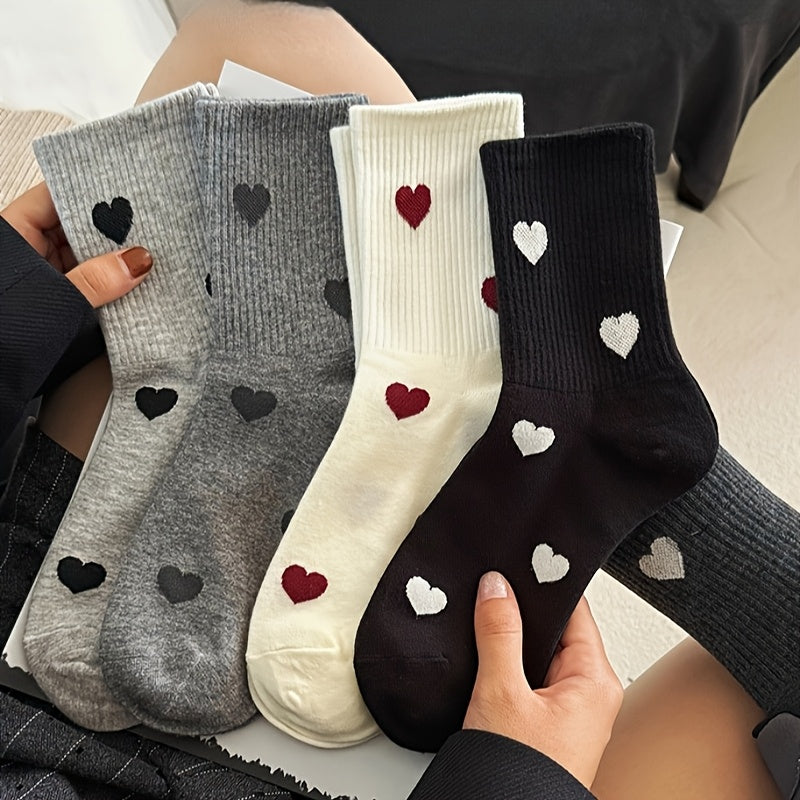 5 Pairs Cozy Women'S Knee-High Socks with Heart Pattern - Polyester and Spandex Blend, Knit Fabric, Machine Washable