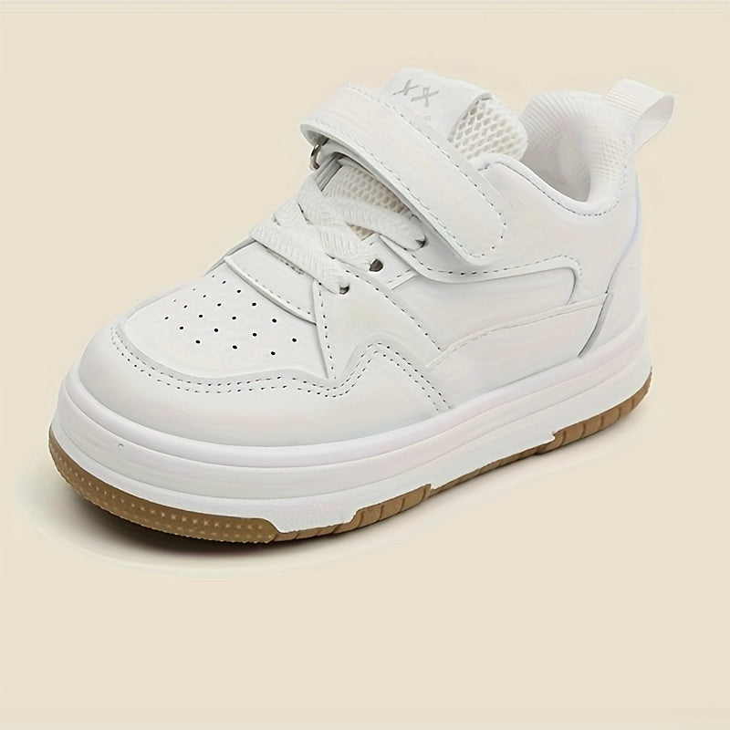 Preppy Style Solid Color Casual All-Season Low Top Sneakers for Boys and Girls with Adjustable Strap Closure, PU Upper, Fabric Lining, and Durable Rubber Sole, Perfect for Daily Wear & School Under 14 Years - White