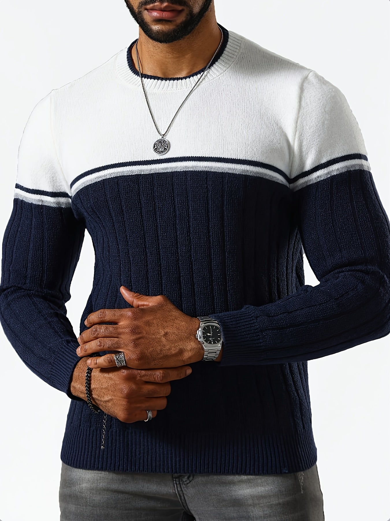 Autumn And Winter Men'S Color-Block Striped Round-Neck Sweater