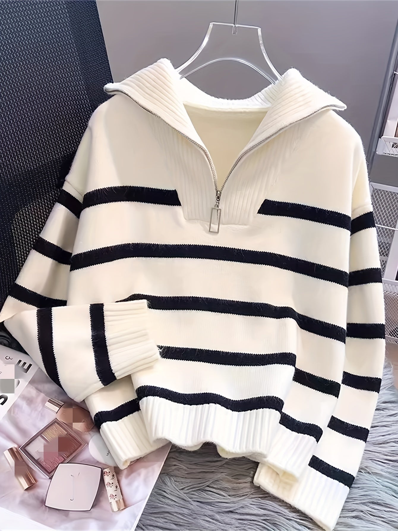 Elegant Striped Zip-Up Knit Sweater - Cozy Acrylic & Polyester Blend, Perfect for Fall/Winter, Cozy Sweater