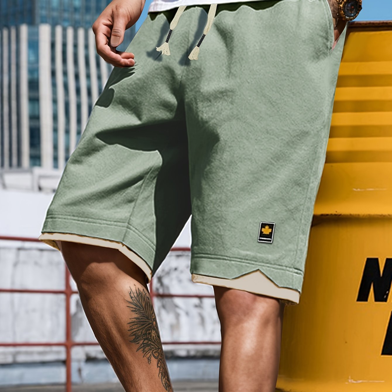 Men's Solid Shorts With Pockets, Casual Elastic Waist Fake Two-piece Drawstring Shorts For Summer