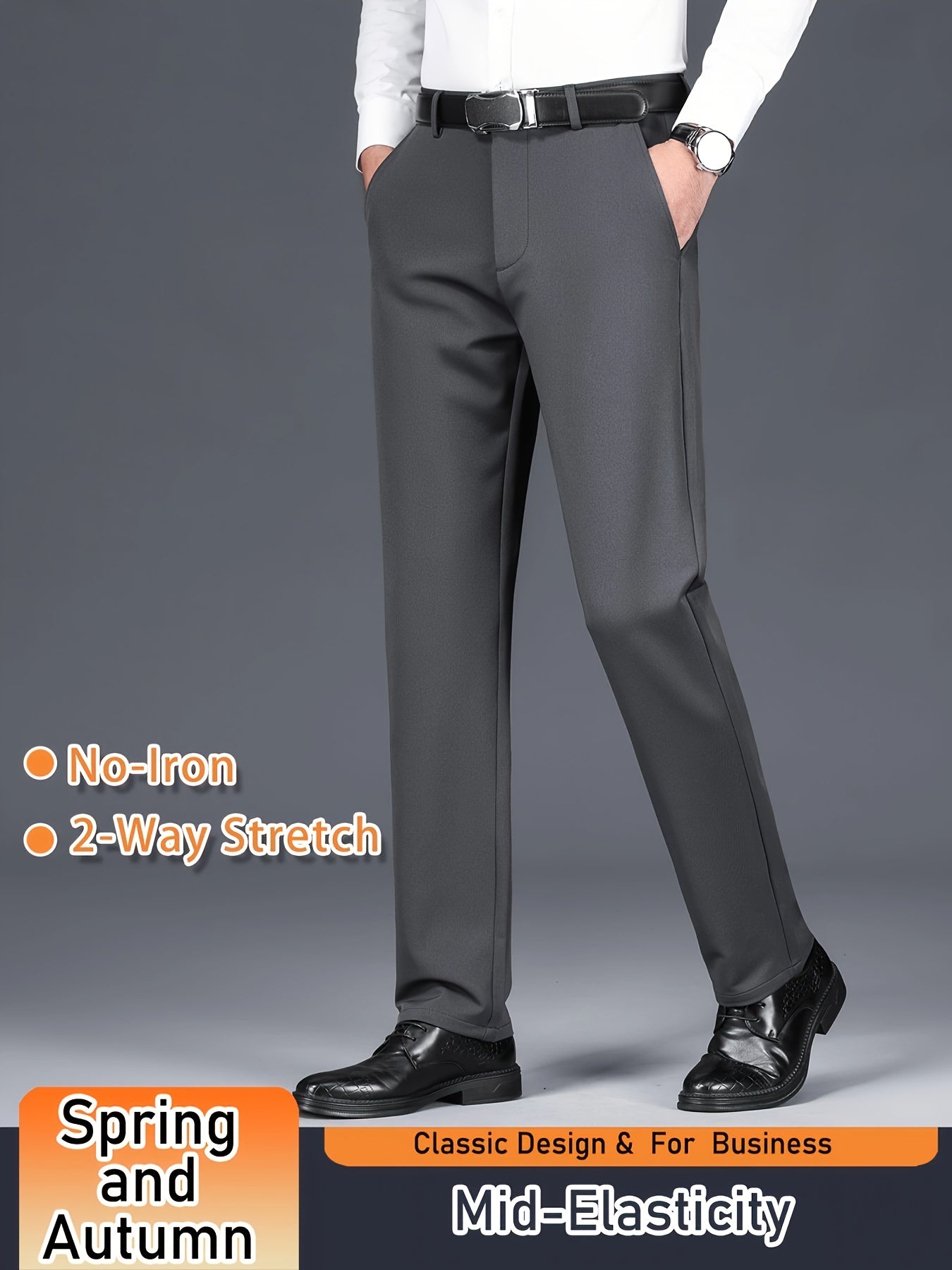 Men's Solid Color Dress Pants, Classic Design Slightly Stretch Formal Dress Pants For Business Occasions, Spring And Fall