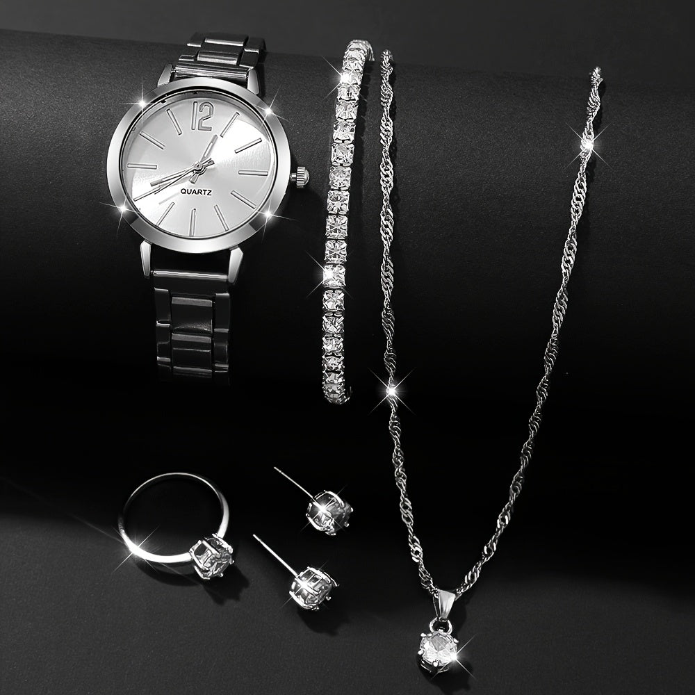 6pcs New Stylish And Simple Women'S Quartz Watch Set with Sparkling Rhinestone Accessories, Perfect for Weddings, Christmas, Thanksgiving, Valentine'S Day, Ramadan, Gifts for Girlfriends And Family, And The Best Choice for Bi
