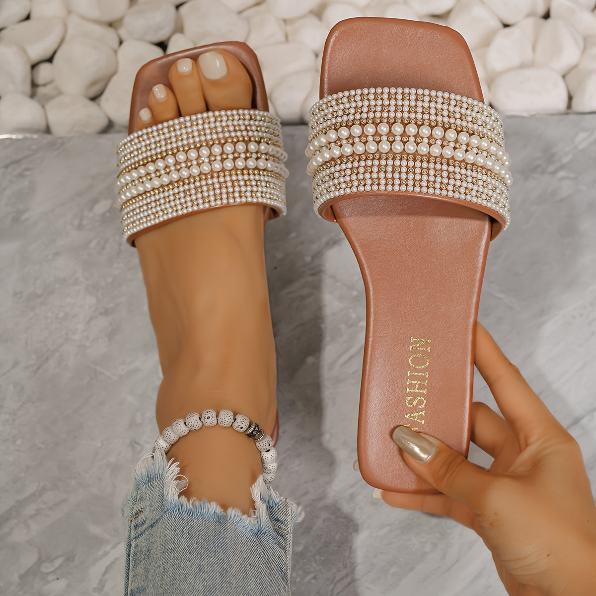 Elegant Women's Summer Flat Slide Sandals - Chic Square Toe with Pearl & Rhinestone Embellishments, Casual Slip-On Design, Faux Cover Upper & Rubber Sole, Ladies Sandals
