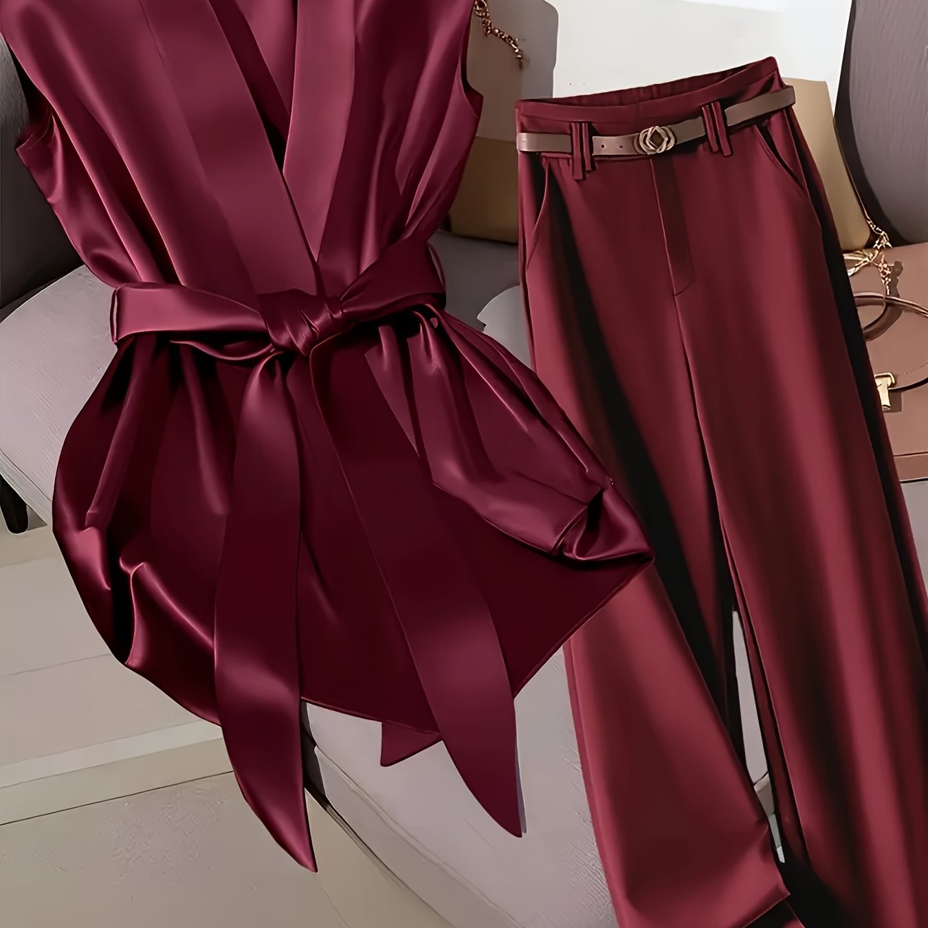 Elegant Navy Blue Satin Sleeveless Blouse & Wide-Leg Pants Set - Chic Belted Waist, High-Waisted Design, Smooth Texture, Perfect for Casual or Formal Occasions, Formal Attire | Belted Waist Blouse | Glossy Finish
