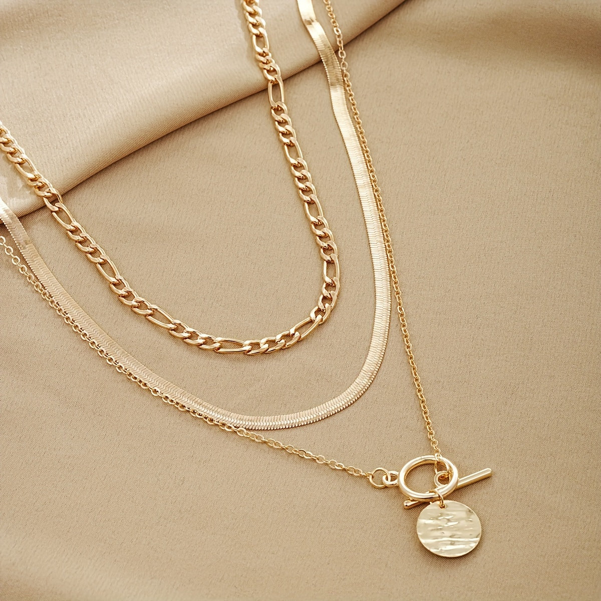 3-Piece Women's Layered Necklace Set, Simple Laminated Snake Bone Chain with Coin Pendant, Zinc Alloy, Vacation & Casual Dating Style Accessory, Multi-Style Combo