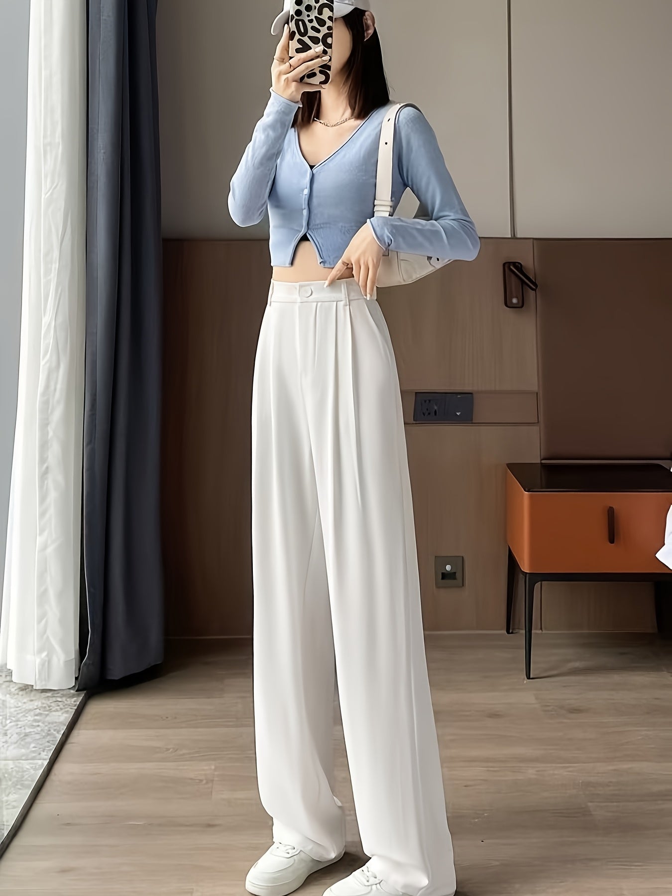 Women'S Elegant Solid Color Straight Leg Pants, Breathable, Comfortable, Fashion Commuter, Polyester, Elastic Waist, Loose Contour, 250g/㎡, for Adult, Spring/Summer/Fall