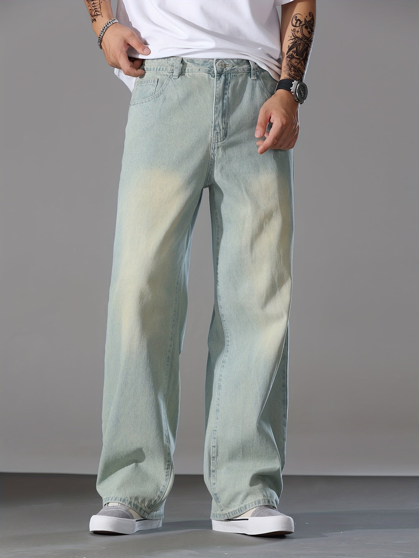 Men's Loose Solid Denim Barrel Pants With Pockets, Causal Cotton Blend Jeans For Outdoor Activities