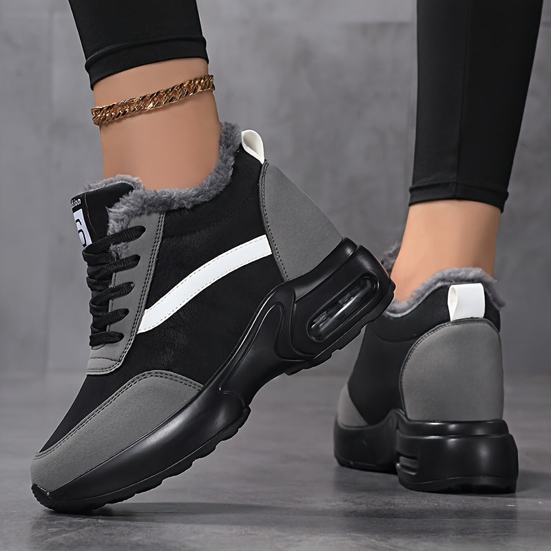 SOSENFER Women'S Winter Sneakers with Plush Lining - Low-Top Lace-Up Casual Shoes, Synthetic Cover Upper & Faux Sole, Machine Washable, Black & White Design for Casual Attire, Ladies Sneakers, Comfortable Footwear, Durable Tr