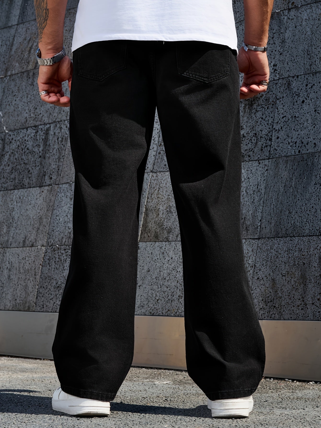 Men's Casual Loose-Fit Denim Jeans, Solid Color, Non-Stretch Fabric, Machine Washable - All Seasons, Long Pants