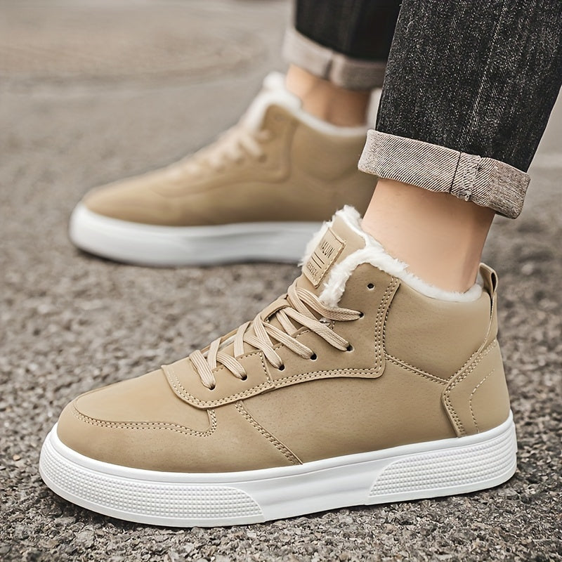 Men's Mid-Top Lace-Up Boots with Warm Plush Lining for Comfortable Winter Outdoor Street Walking and Strolling, Winter Boots