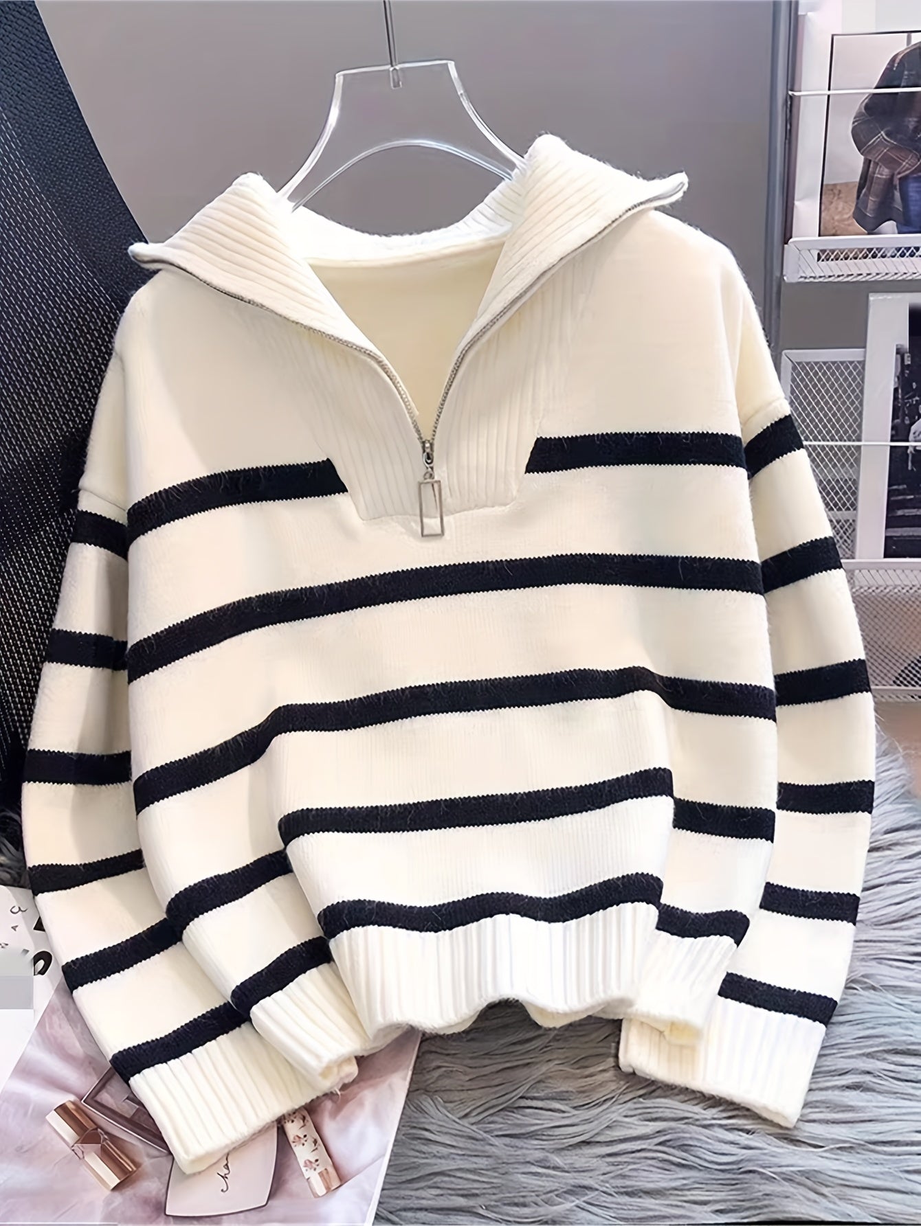 Elegant Striped Zip-Up Knit Sweater - Cozy Acrylic & Polyester Blend, Perfect for Fall/Winter, Cozy Sweater