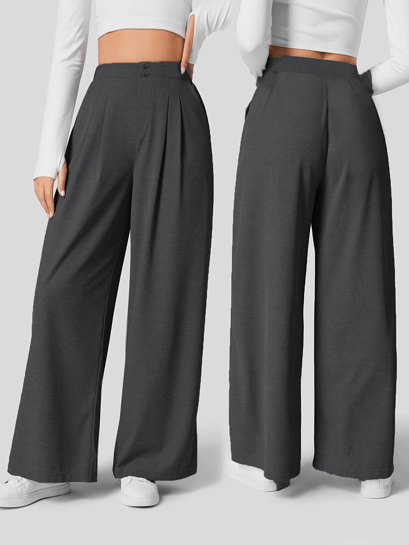 Solid Color Straight Leg Pants, Elegant High Waist Button Front Pants For Work & Office, Women's Clothing