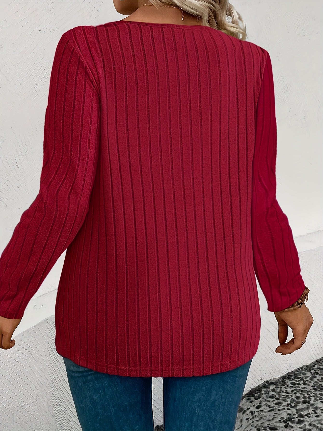 Women's Plus Size Ribbed Knit Sweater - Casual V-Neck Long Sleeve T-Shirt | Polyester 100% Solid Color Pullover - Fall/Winter Collection